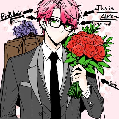 hot anime guy with glasses and a suit holding flowers, detailed and realistic