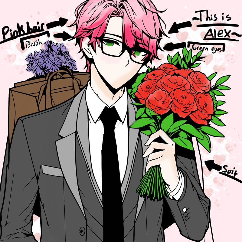hot anime guy with glasses and a suit holding flowers, detailed and realistic
