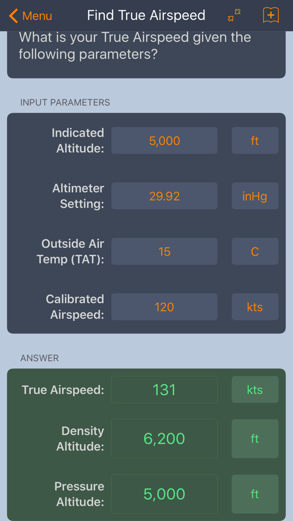 E6B Aviation Calculator - Interface of the E6B Aviation Calculator app showing true airspeed and density altitude results