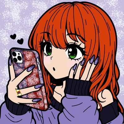 an anime girl with acrylic nails and is on her phone,she has her hair out and has freckles