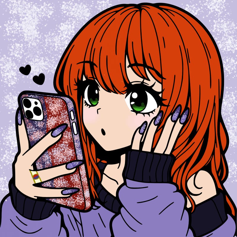 an anime girl with acrylic nails and is on her phone,she has her hair out and has freckles