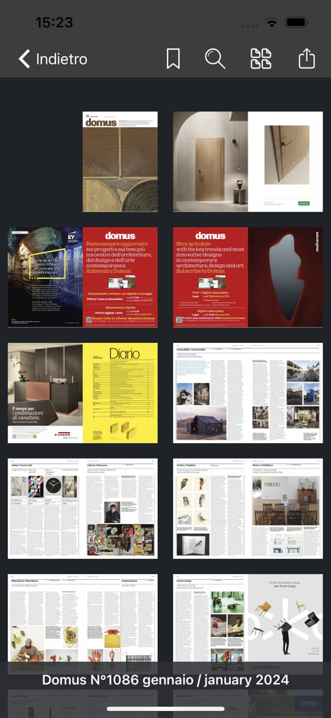 Grid view of pages from a digital issue of Domus architecture and design magazine