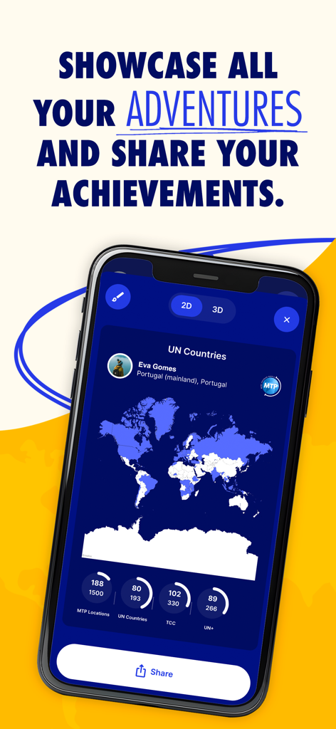 MTP: Most Traveled People - Un smartphone que muestra la interfaz de la aplicación MTP con un mapa mundial y estadísticas de viaje de países y regiones de la ONU.