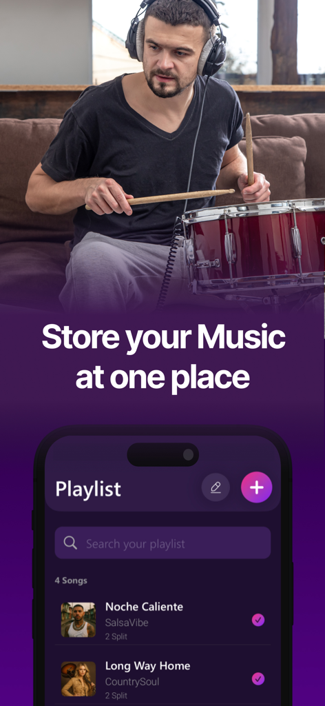 Vocal Remover: Music Separator - A musician playing drums above a smartphone screen showing a music playlist interface