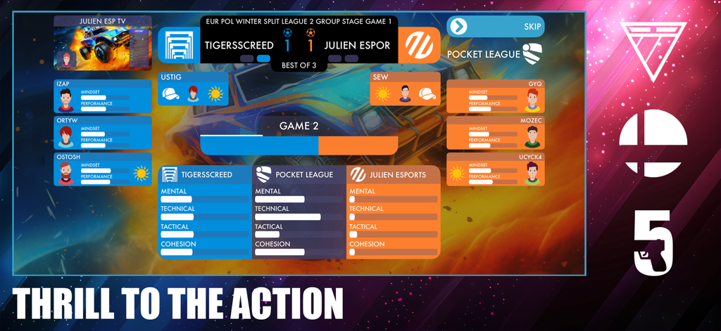 Dashboard view of eSports Master showing real-time match stats for a Pocket League game including player mindset and team cohesion