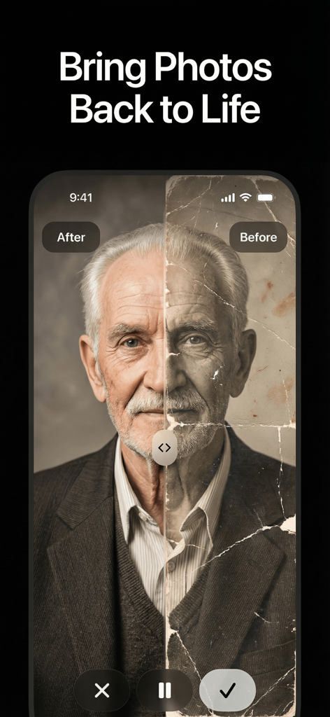 Comparación antes y después mostrando la restauración IA de un retrato antiguo dañado usando la app Bananai.
