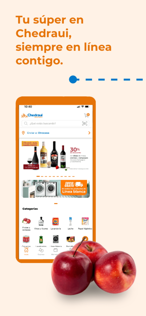 Chedraui - Tienda en línea - La interfaz de la app de tienda en línea Chedraui mostrando categorías de comestibles y banners promocionales con manzanas frescas en primer plano