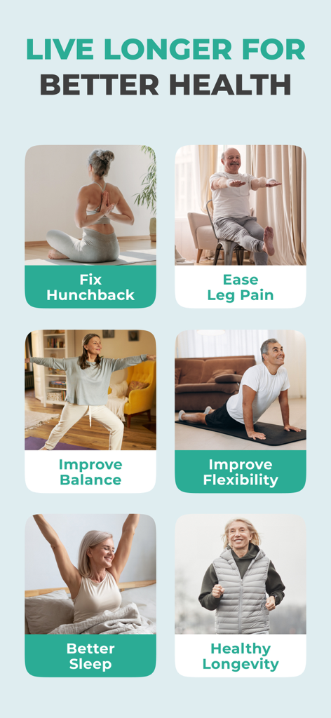 Cuadrícula que muestra seis beneficios para la salud de las personas mayores, que incluyen mejorar el equilibrio, la flexibilidad y el sueño, con fotos de adultos mayores activos.