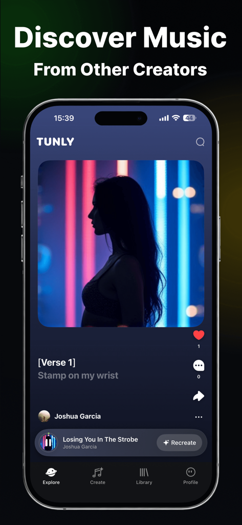 Tunly-AI Music&Song Generator - Tunly app interface showing a feed to discover AI generated music from other creators.