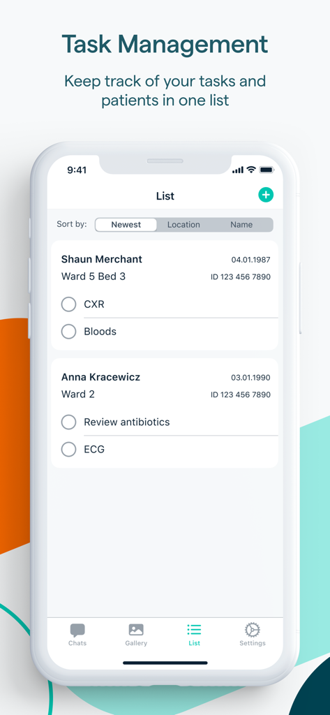 Pando - Connecting Healthcare - Interface d'application de soins de santé sécurisée montrant une liste de patients et des tâches cliniques assignées