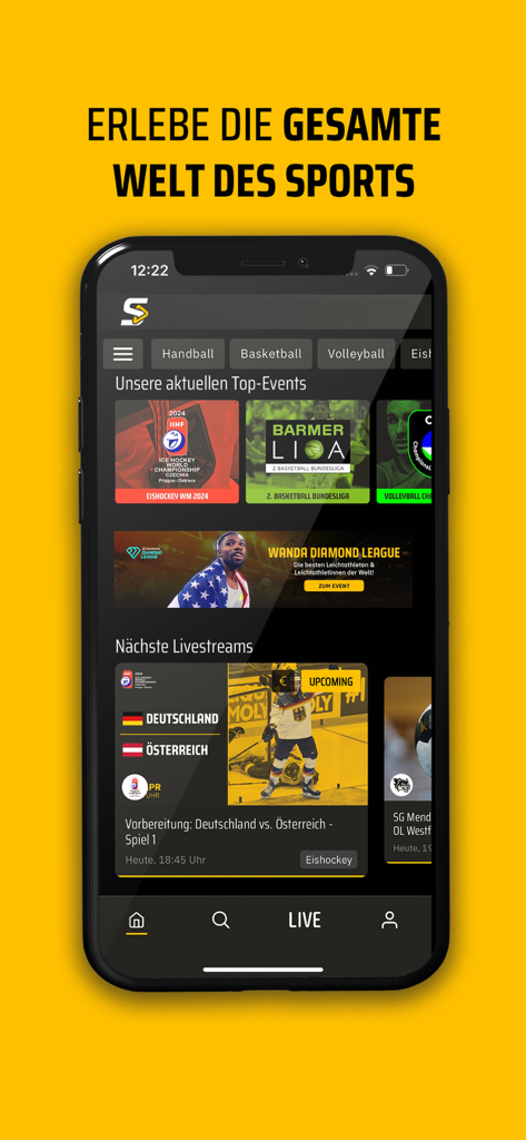 Home screen of the Sporteurope.TV app displaying live sports events and categories on a smartphone