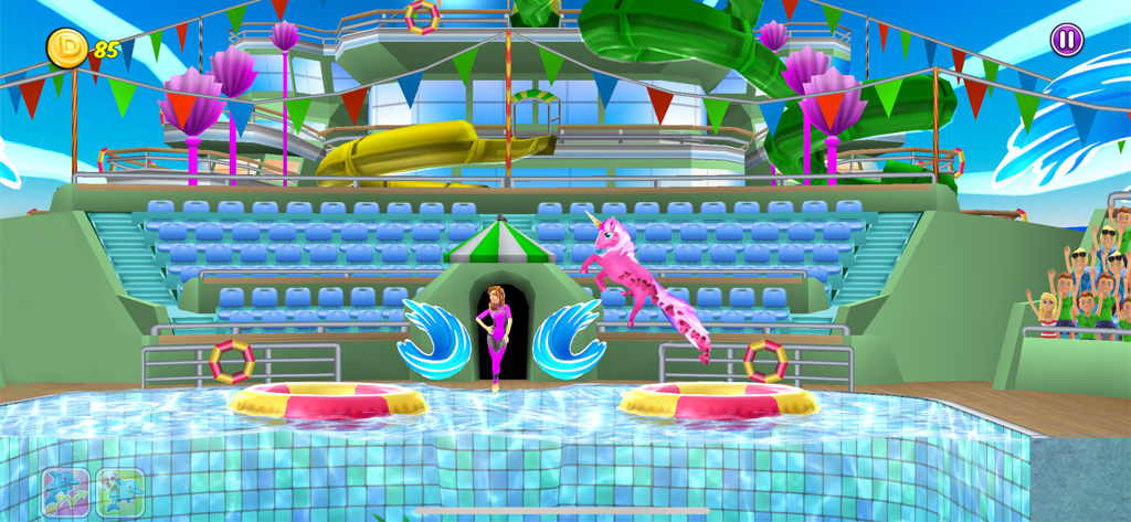 My Dolphin Show - A pink unicorn character performing a jump in a pool stadium in the My Dolphin Show game