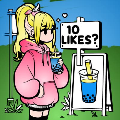 girl with oversized hoodie drinking boba and she has a high ponytail with a sign that says 10likes?