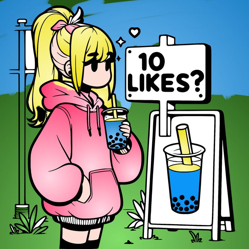girl with oversized hoodie drinking boba and she has a high ponytail with a sign that says 10likes?