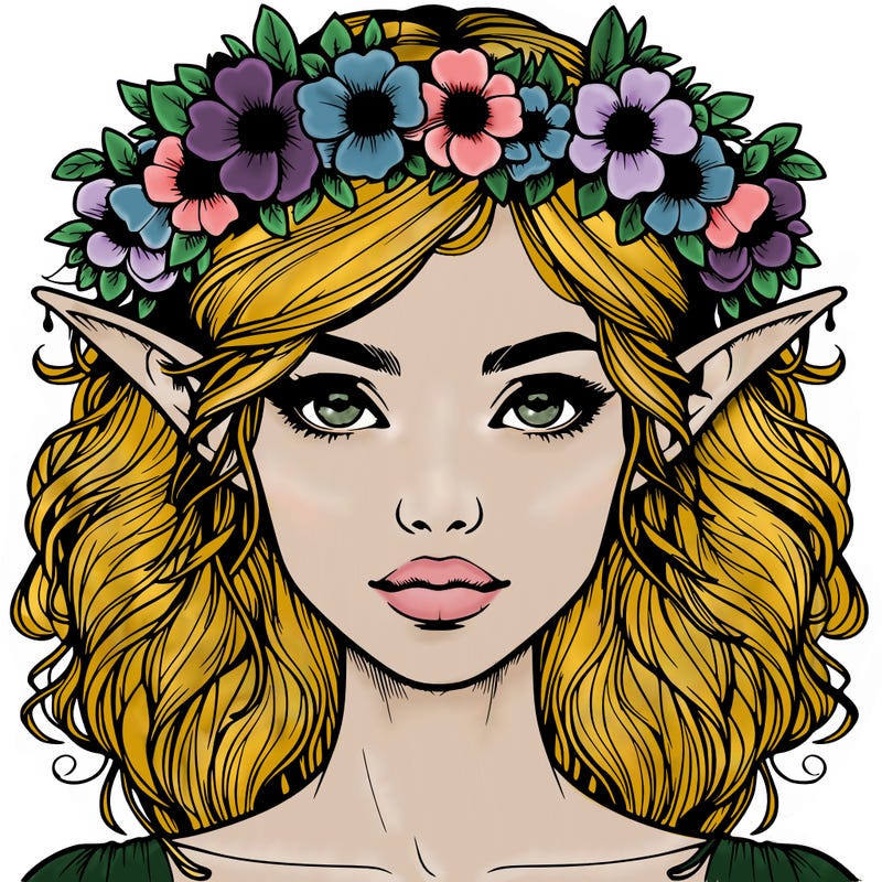 realistic female elf with flower crown
