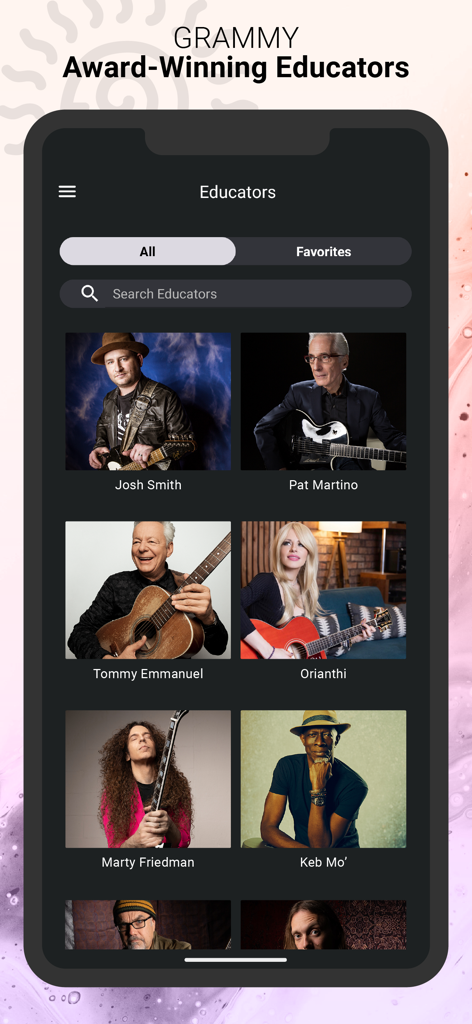 La aplicación TrueFire que muestra una lista de educadores e instructores de guitarra profesionales.