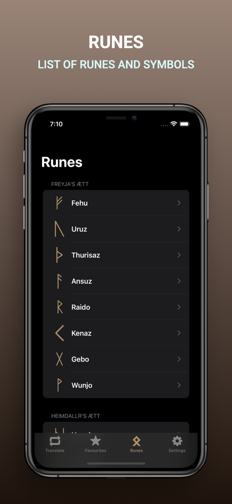 Una pantalla móvil que muestra una lista de runas nórdicas, incluyendo Fehu y Uruz con sus nombres en la aplicación Futhark.