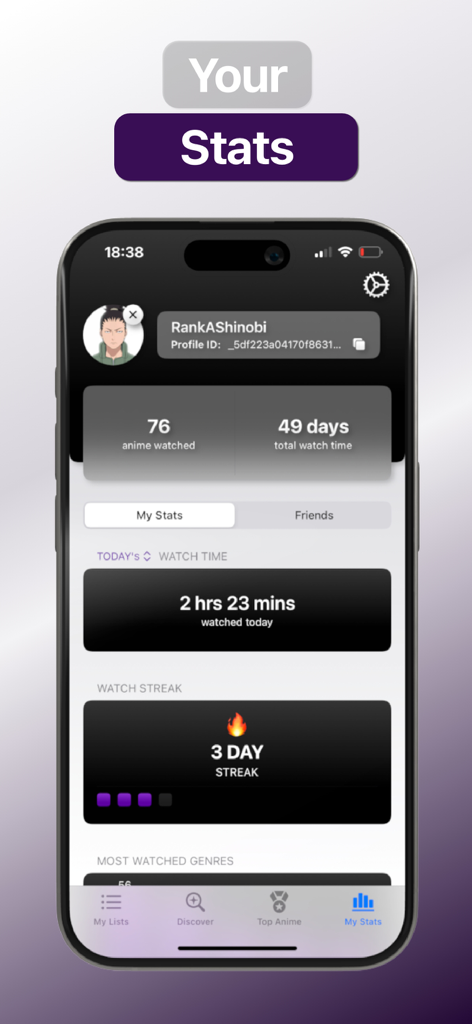 Anime Tracker: Anime List - A smartphone displaying the Otracku app stats page with anime watch time and streaks