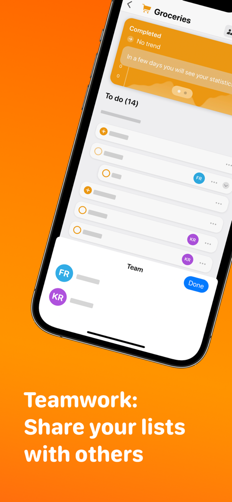 Planny • Daily Planner - Interface do aplicativo Planny mostrando o recurso de trabalho em equipe e compartilhamento de listas.