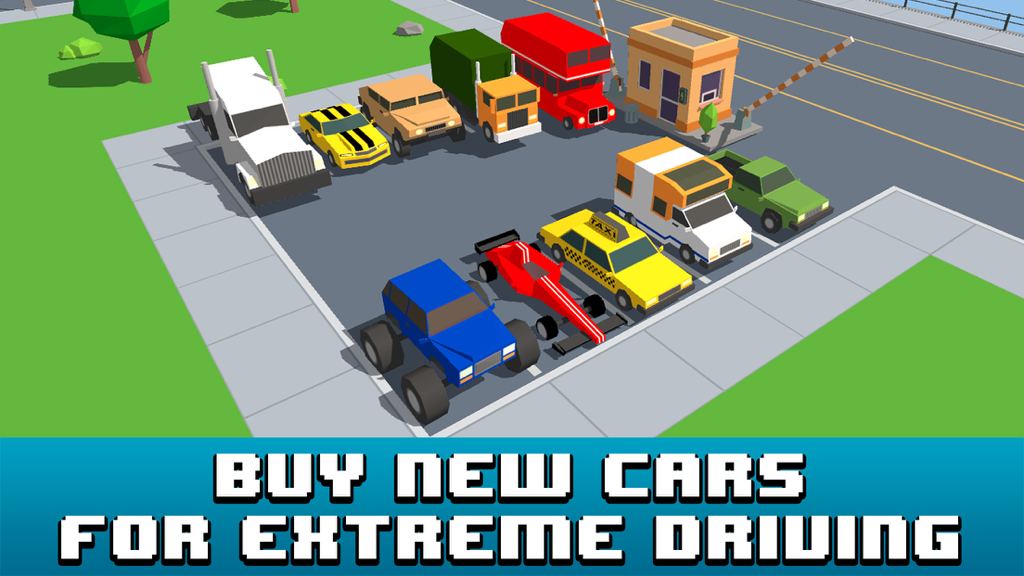 Smashy Car Race 3D: Pixel Cop Chase - A collection of voxel style cars and trucks in a garage for player selection