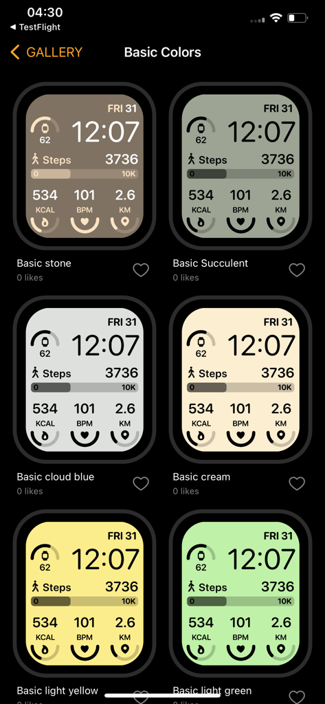 Una galleria di quadranti Apple Watch minimalisti in vari colori con complicazioni di monitoraggio della salute come passi e frequenza cardiaca.