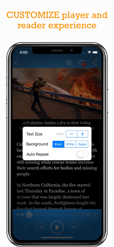 Learn American English Podcast - Interface showing customizable reading settings like text size and background color in the Learn American English Podcast app.
