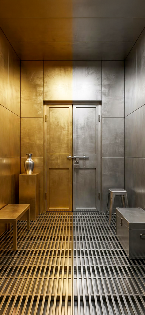 A high-quality escape room split into gold and silver halves with a locked double door and industrial furniture.
