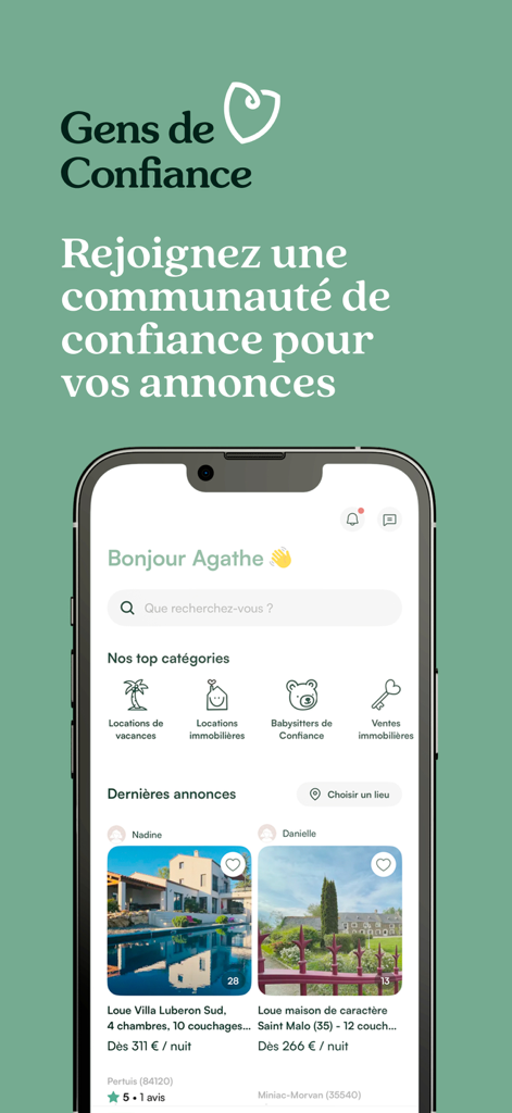 휴가용 임대 숙소 및 부동산에 대한 안전한 분류 광고를 표시하는 Gens de Confiance 모바일 앱 인터페이스.