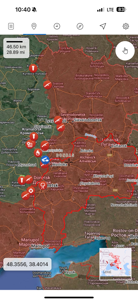 A real-time conflict map of the Donbas region in Ukraine displayed on the Liveuamap mobile application.