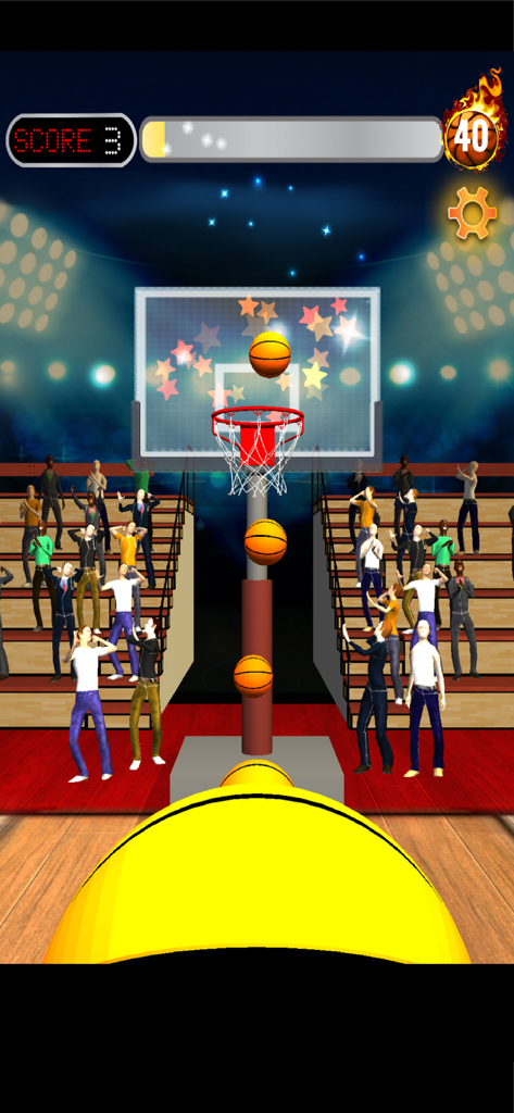 Basketball Games - Shooting 3D - Arcade basketball shooting gameplay showing a first-person view of balls flying towards the hoop in a 3D arena.