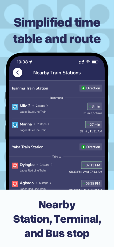 OrnaMap: Lagos Transport App - OrnaMap app interface showing nearby train stations and live transit schedules in Lagos.