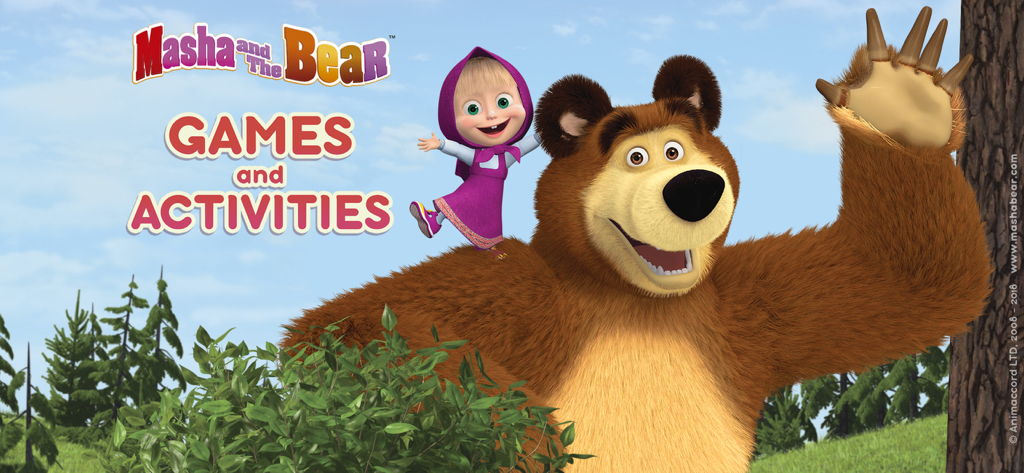 Masha and the Bear. Activities - Masha sitting on Bear's shoulder with the app title Masha and the Bear Games and Activities