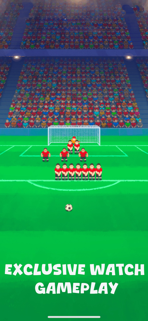 Soccer Game - Free Kick Watch - サッカーゲームのフリーキックのゲームプレイ画面。ディフェンダーの壁とゴールキーパー、満員のスタジアムが表示されています。