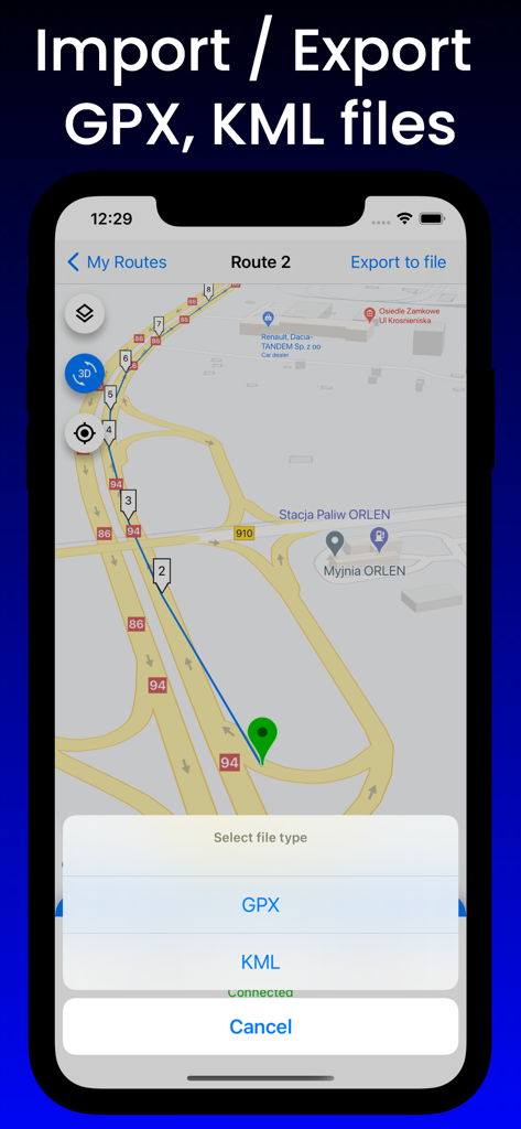 Tracker 8 interface showing a map route with GPX and KML export options