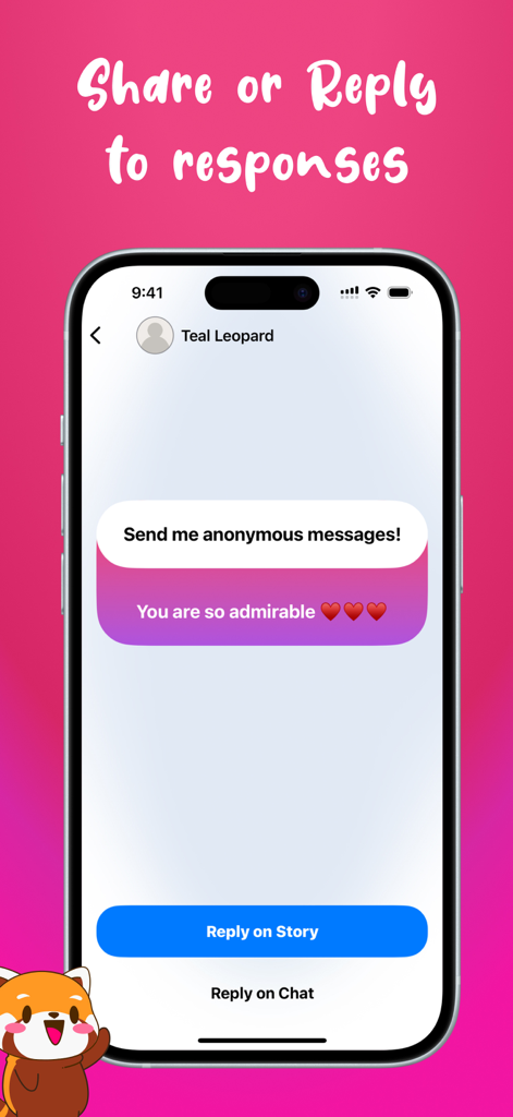 Brizz 앱 인터페이스에 답장 옵션(소셜 미디어 스토리 또는 비공개 채팅)과 함께 익명 칭찬이 표시됨