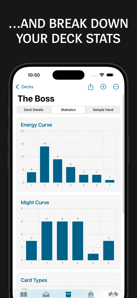 Riftbound Companion app interface showing deck statistics including energy and might curves for card game optimization