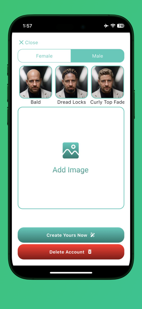 Bald Filter: AI Hairstyle - User interface of the Bald Filter app showing male hairstyle options like bald, dreadlocks, and curly top fade.