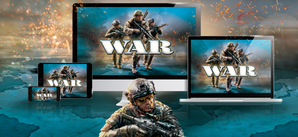 War - Grow - Logotipo del juego de estrategia militar War Grow y soldados mostrados en varios dispositivos digitales