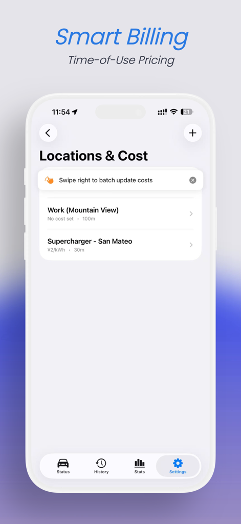 Schermata di fatturazione intelligente dell'app Mytess che mostra le posizioni di ricarica e i costi.