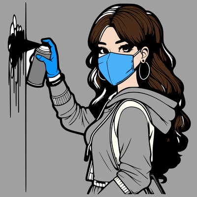 realistic girl with mask spray painting a wall