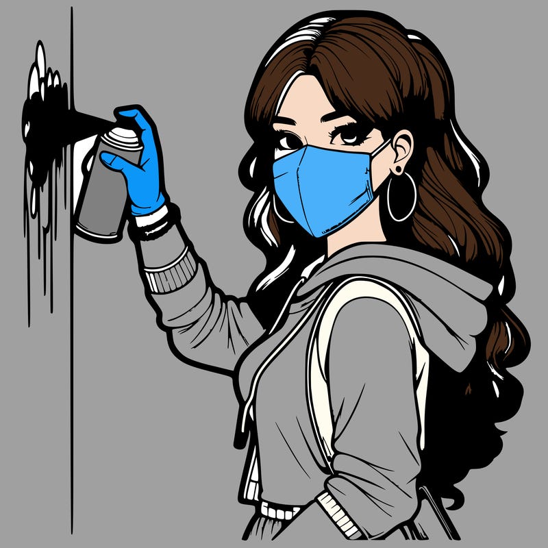 realistic girl with mask spray painting a wall