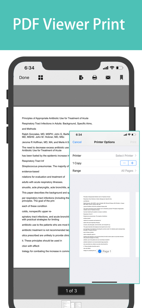 QS Scanner & Photo Translator - iPhone screen showing a PDF document being prepared for printing inside the QS Scanner app