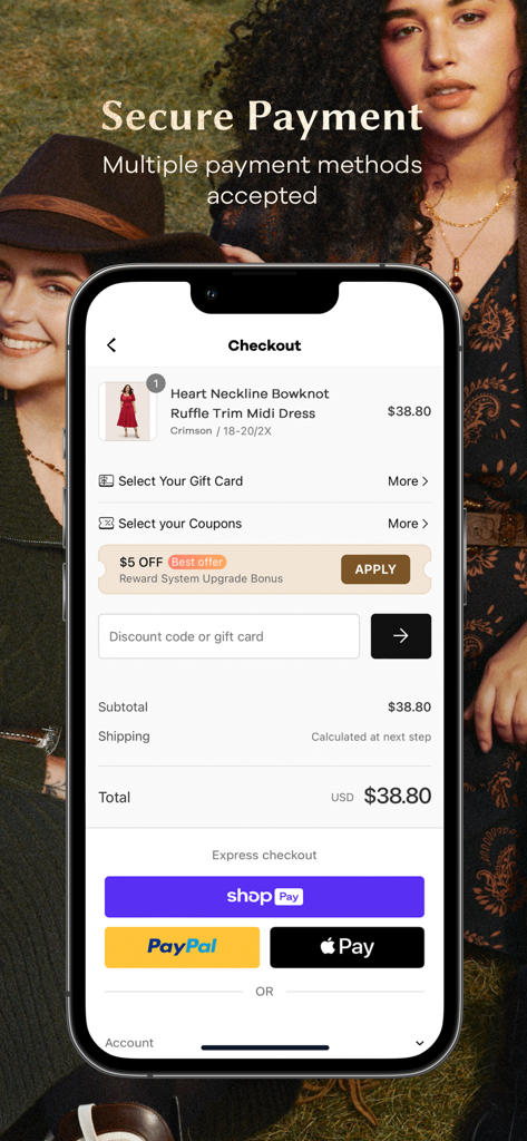 BloomChic | A Re-Imagining - BloomChic app checkout screen showing multiple secure payment options like Shop Pay, PayPal, and Apple Pay with a red midi dress in the cart.