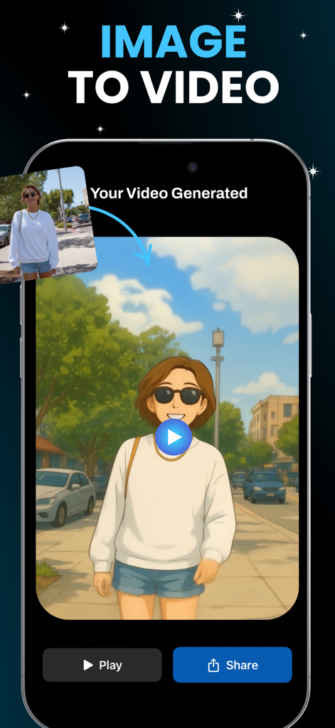 AI Video Maker · Generator - A mobile app interface displaying the transformation of a real photo into an animated AI video.