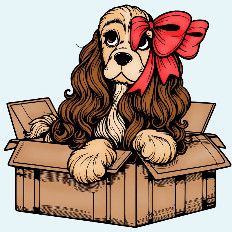 a spaniel american cocker with a beautiful bow coming out if a box realistic cute