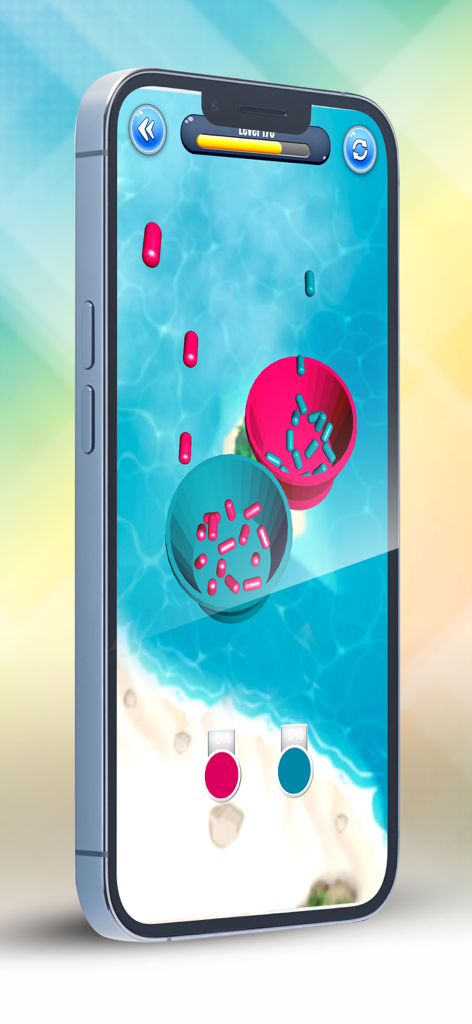 Bead and Ball Sort Puzzle - Gameplay of Bead and Ball Sort Puzzle showing colorful beads being sorted on a beach-themed background.