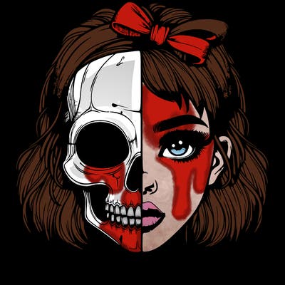 realistic girl with half skull mask