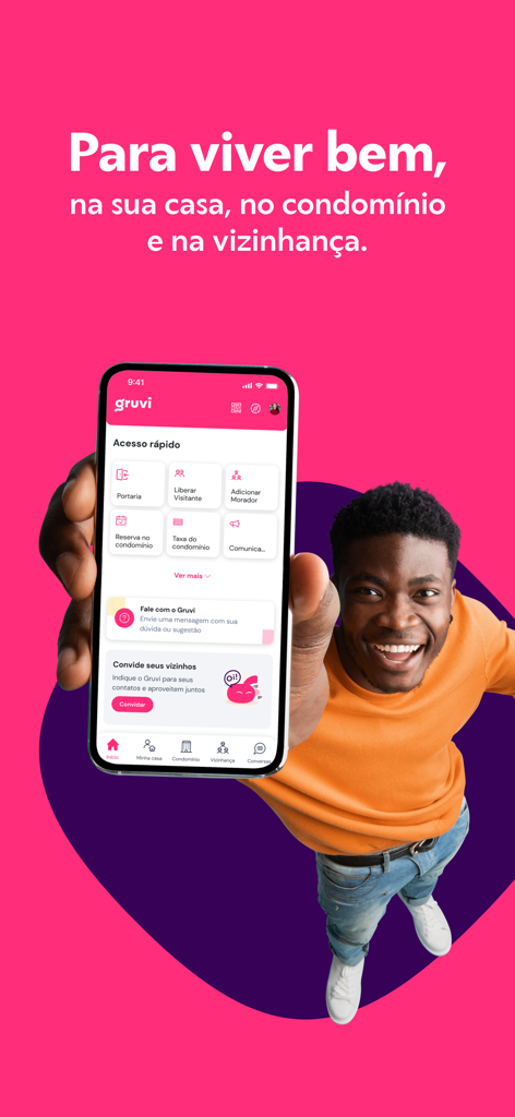 Gruvi - A person holding a smartphone displaying the Gruvi app dashboard for property and community management