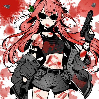 bad girl wearing crop top holding a gun long hair anime