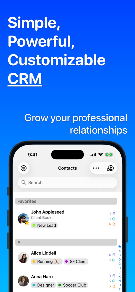 Contacts Journal CRM - Interfaz de la aplicación Contacts Journal CRM en iPhone mostrando una lista de contactos profesionales con etiquetas personalizadas y herramientas de gestión de relaciones.